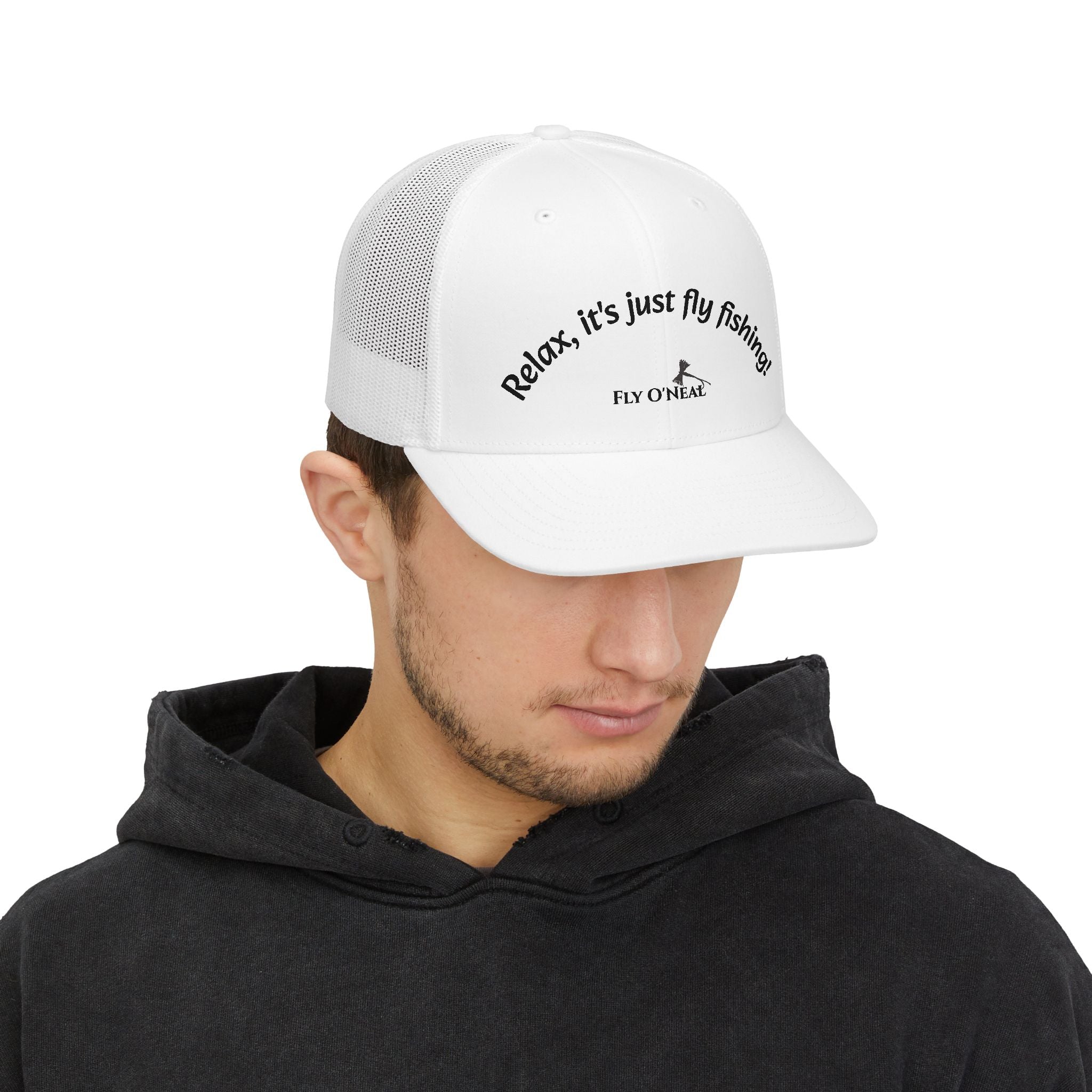 Trucker Cap — "Relax, it's just fly fishing!" Embroidered Mesh Fishing Hat